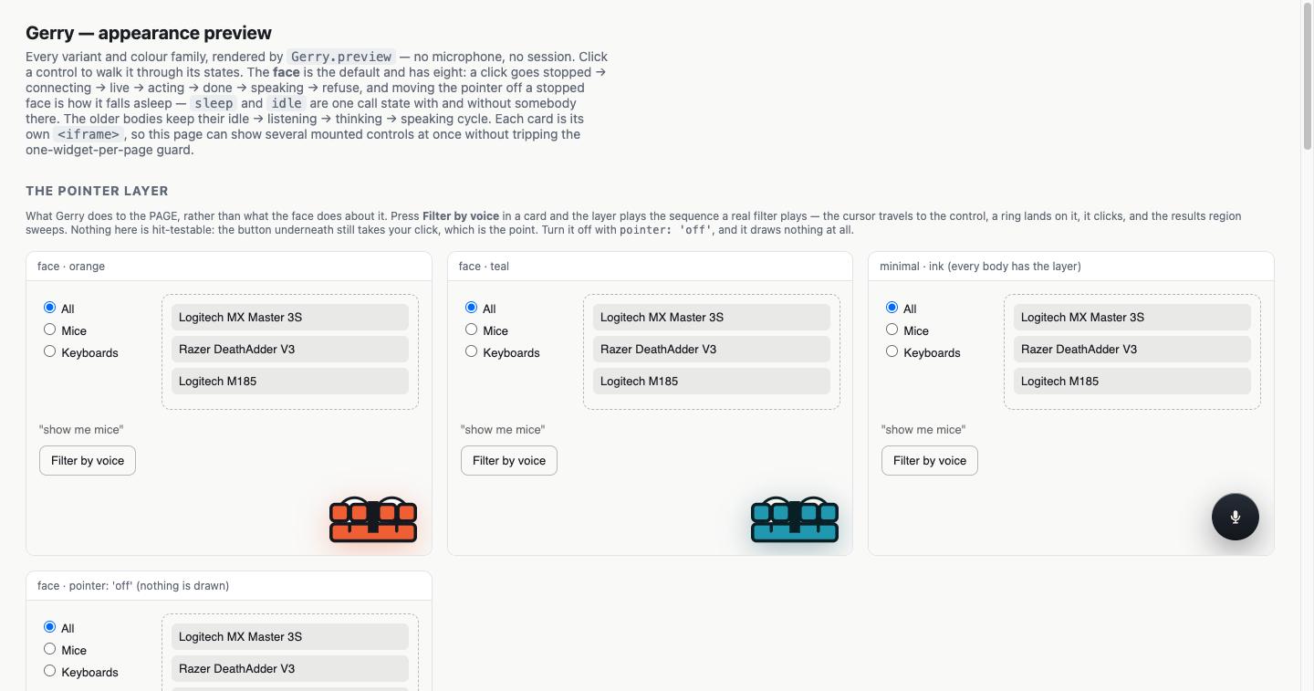 Three side-by-side cards on the widget's own preview page, showing the face in orange, in teal, and the minimal variant, each with a filter-panel demo and a Filter by voice button